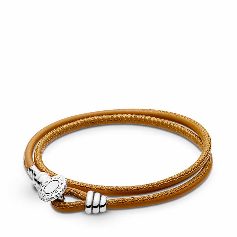 Pandora Golden Tan Double Leather Bracelet Ireland - Sterling Silver/Leather/Brown/Cubic Zirconia -